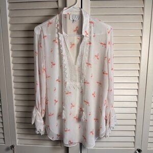 Vintage Atina medium White Sheer Flamingo Print Lace Trim Blouse Tassel Ties